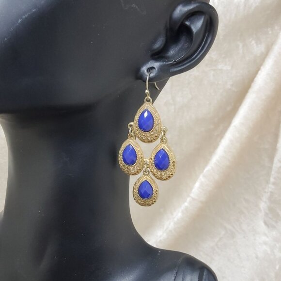 Antique-Style Gold & Blue Teardrop Dangle Earrings - Picture 1 of 5